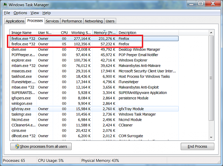 Task Manager (Processes) shows 2 &quot;Firefox.exe*32&quot; while online.  Why?-task-manager-two-firefox-processes-being-shown.png