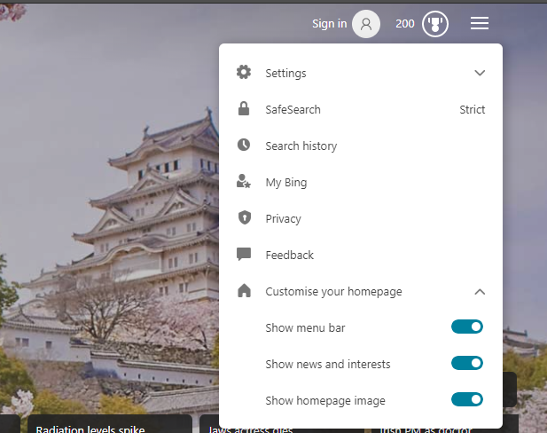 Bing Search Machine: Start screen-bing-settings-quick-links.png