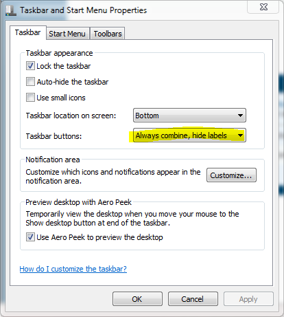 Always Combine, Show labels-taskbar.png