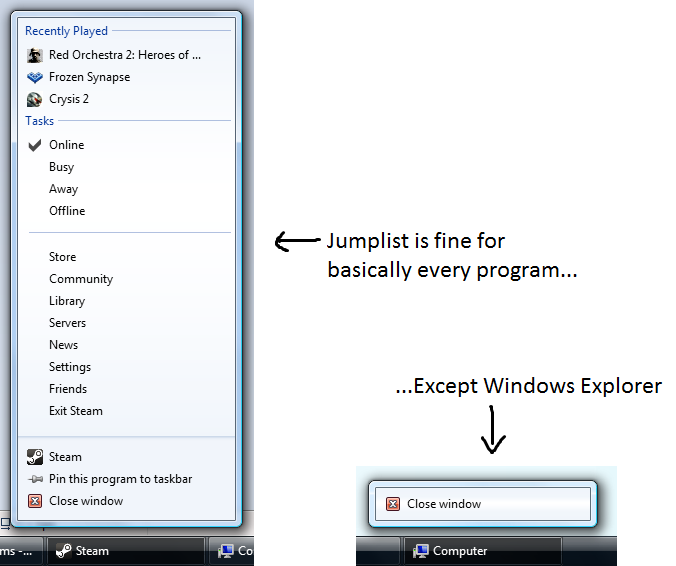 Explorer Jumplist is basically empty...-broken-jumplist.png