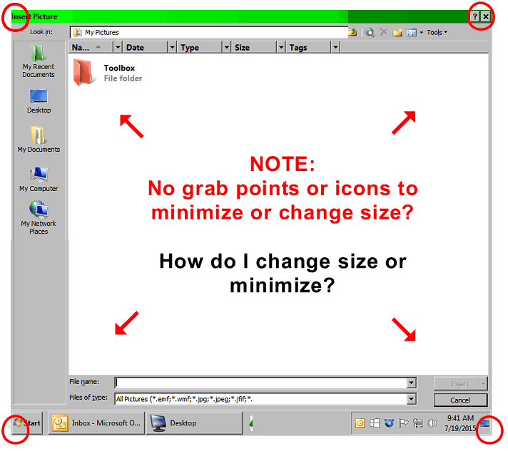 W7: No grab points or icons to minimize screen in Outlook 2003 ins im?-forum-min-max.png