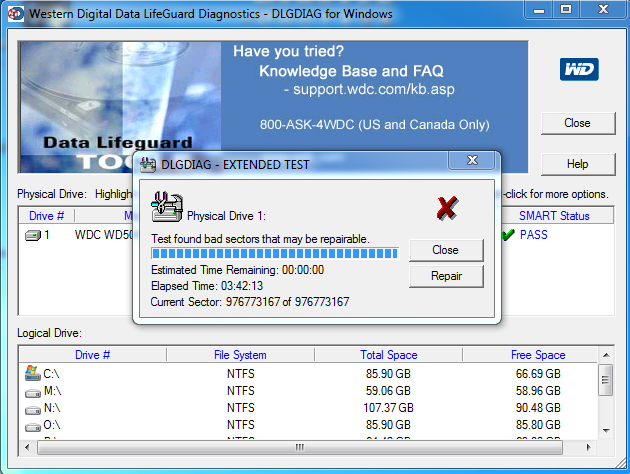 Problem repair ,reinstall, make FreeAgent bootable , find HD serial-wd-found-bad-sector.png