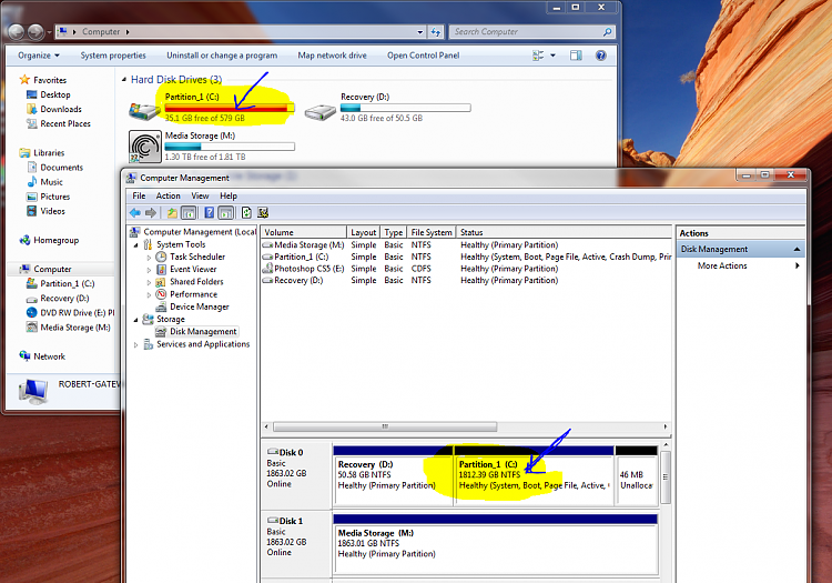 Clean Win 7 install shows conflicting hdd sizes at the same time.-wtf.png