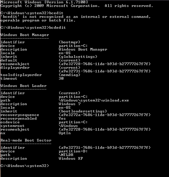 Win7 + XP Dual boot choice invisible!-bcdedit.png