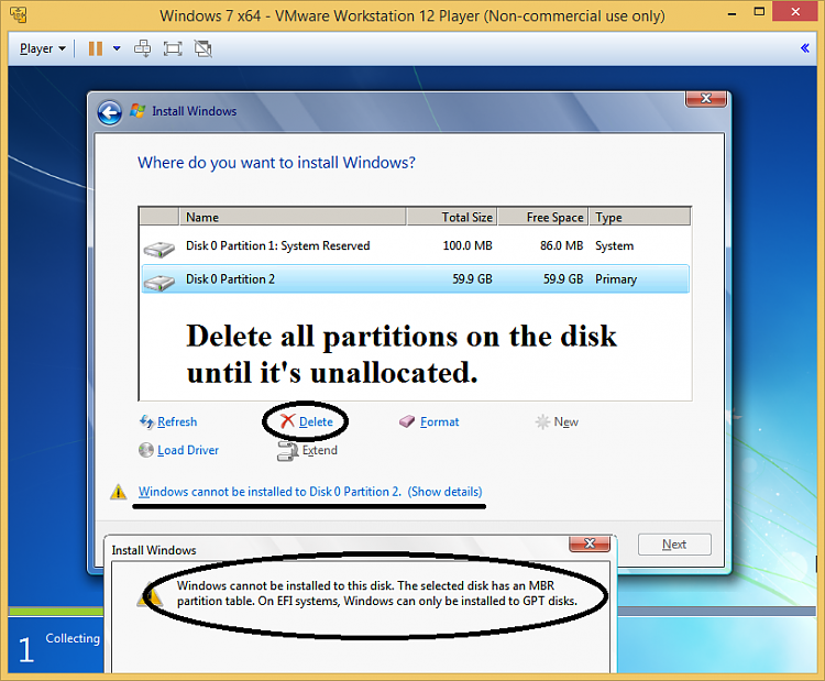 How to install windows 7 64 bit on a second partition on a gpt style disk