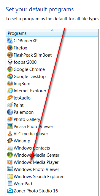 Video downloads do not / will not default to Windows Media Player.Help-default-programs.png