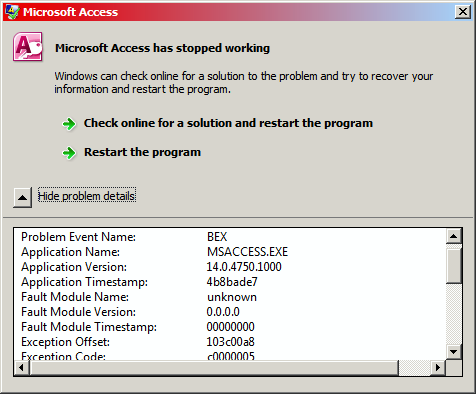 MicroSoft Access 2010 keeps crashing w/ W7-002464.png
