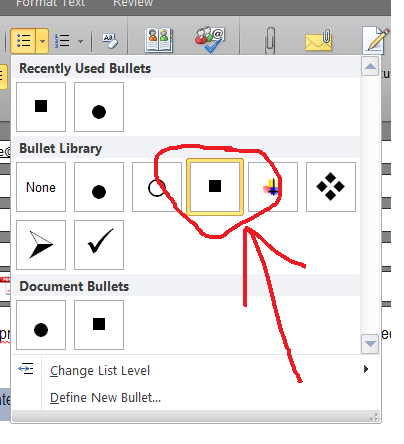 how to change default bullet settings in word