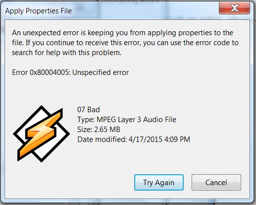 0x80004005: unspecified error while trying to change mp3 properties-error.jpg