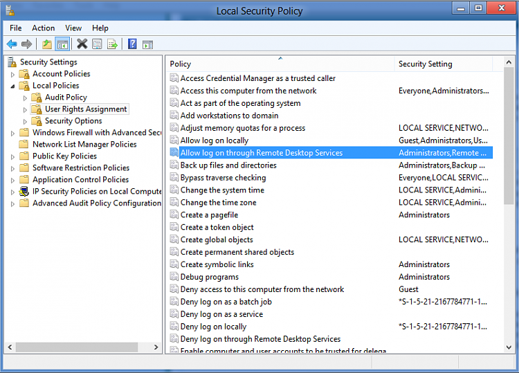 How to grant right to allow log on through terminal services on win7 