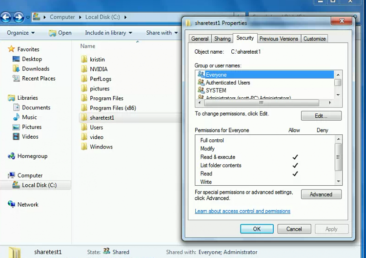 win 7 security permissions inheritance error, can not open subfolders-sharetest1.png