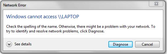 Can only share one way &quot;Windows cannot access \LAPTOP&quot;-error-message.jpg