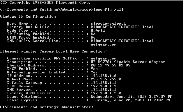 cant connect windows 7 pro to sbs 2003 server - error code 0x0000232B-server-ipconfig.png