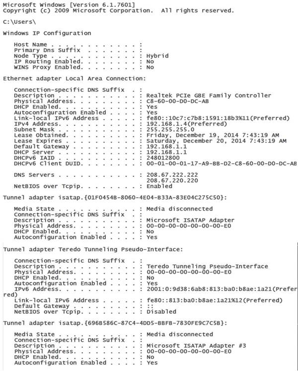 On boot-up, the network icon displays: Blu Disk,Yellow triangle,Red X.-ipconfig-all.jpg