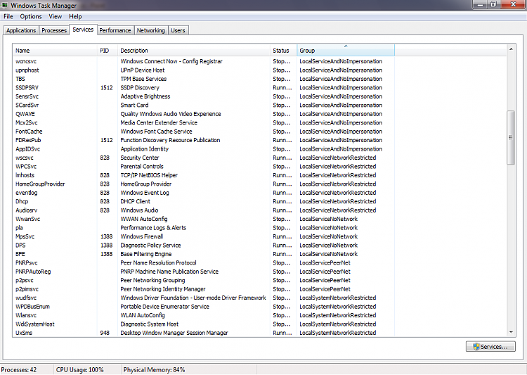 CPU 100% and Physical Memory at 84% HELP!-services-2.png