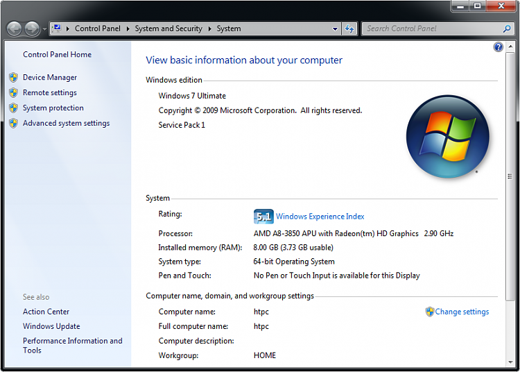 Windows 7 64bit shows 3.73GB usable memory with 8GB installed-p46ie.png