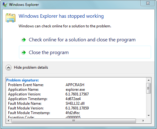 Error: Shell32.dll (explorer.exe)  Exception Code: c000041d-windowsexplorer_appcrash_shell32_05112_1531hrs.png
