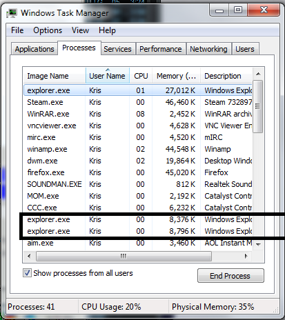 Multiple explorer.exe randomly load. Who else has this-taskmger.png