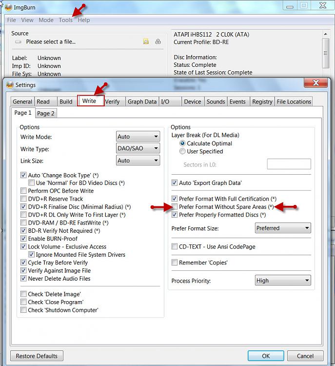 ImgBurn formatting new BD-RE disks - inviting problems-uncheck.jpg
