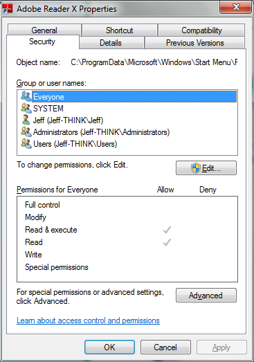 How do I find preinstalled program's executable from the Start Menu-reader_security.png