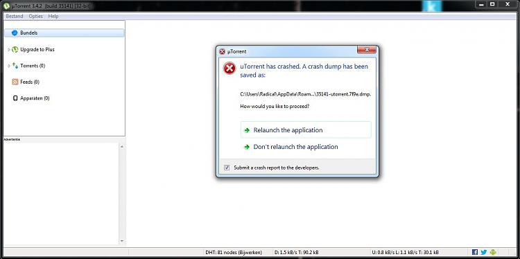 &quot;Utorrent has crashed , a crash dump has been saved as : &quot;-utorrent-crash.jpg