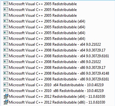 Many versions of C++ redistributable-ms-vcredist-list.jpg