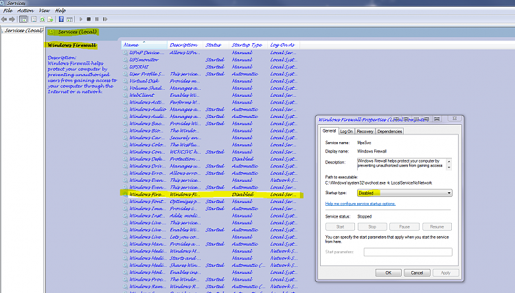 disable firewall windows 7 command line