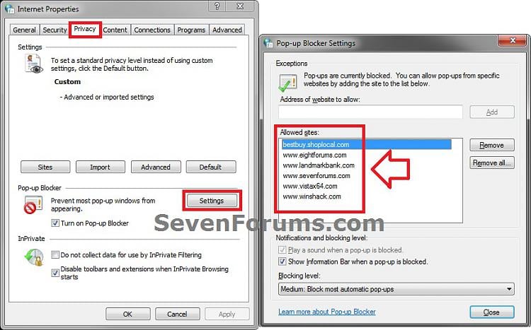Internet Explorer Pop-up Blocker - Import and Settings Windows 10 Forums