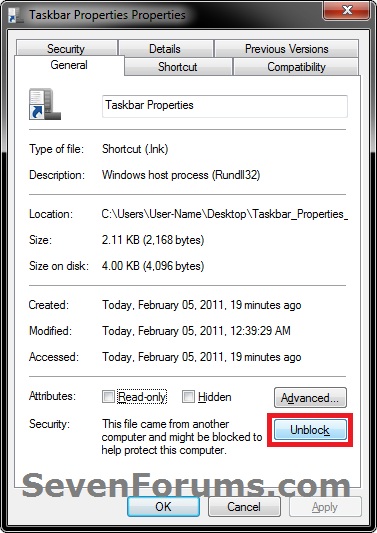 Taskbar Properties Shortcut - Create-unblock.jpg