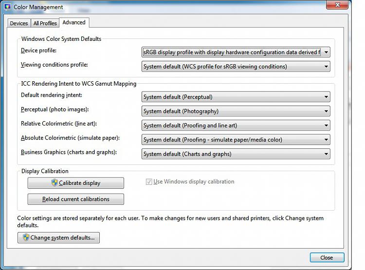default display color calibration