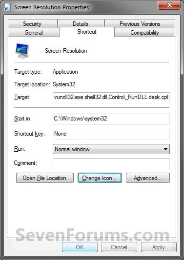 keyboard shortcut to change screen resolution windows 7