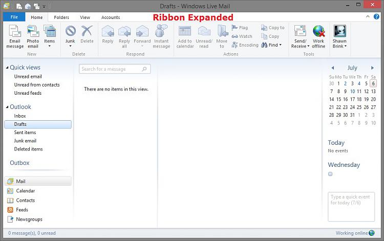 Windows Live Mail Ribbon Toolbar - Hide or Show-wlm_ribbon_expanded.jpg