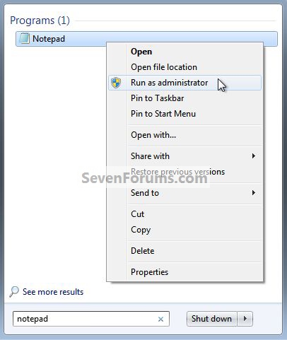 Hosts File : Use in Windows 7 / Vista-notepad-runas.jpg