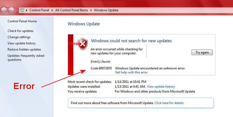 Windows 7 80072efe Windows update