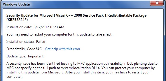 Trouble downloading Visual C + + 2008 SP1 Redistributable pkg-failed-update.jpg